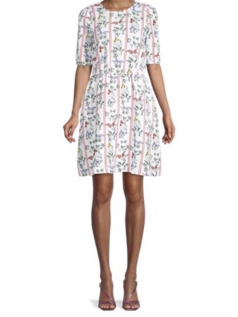 SAKS FIFTH AVENUE STRIPED FLORAL LINEN DRESS